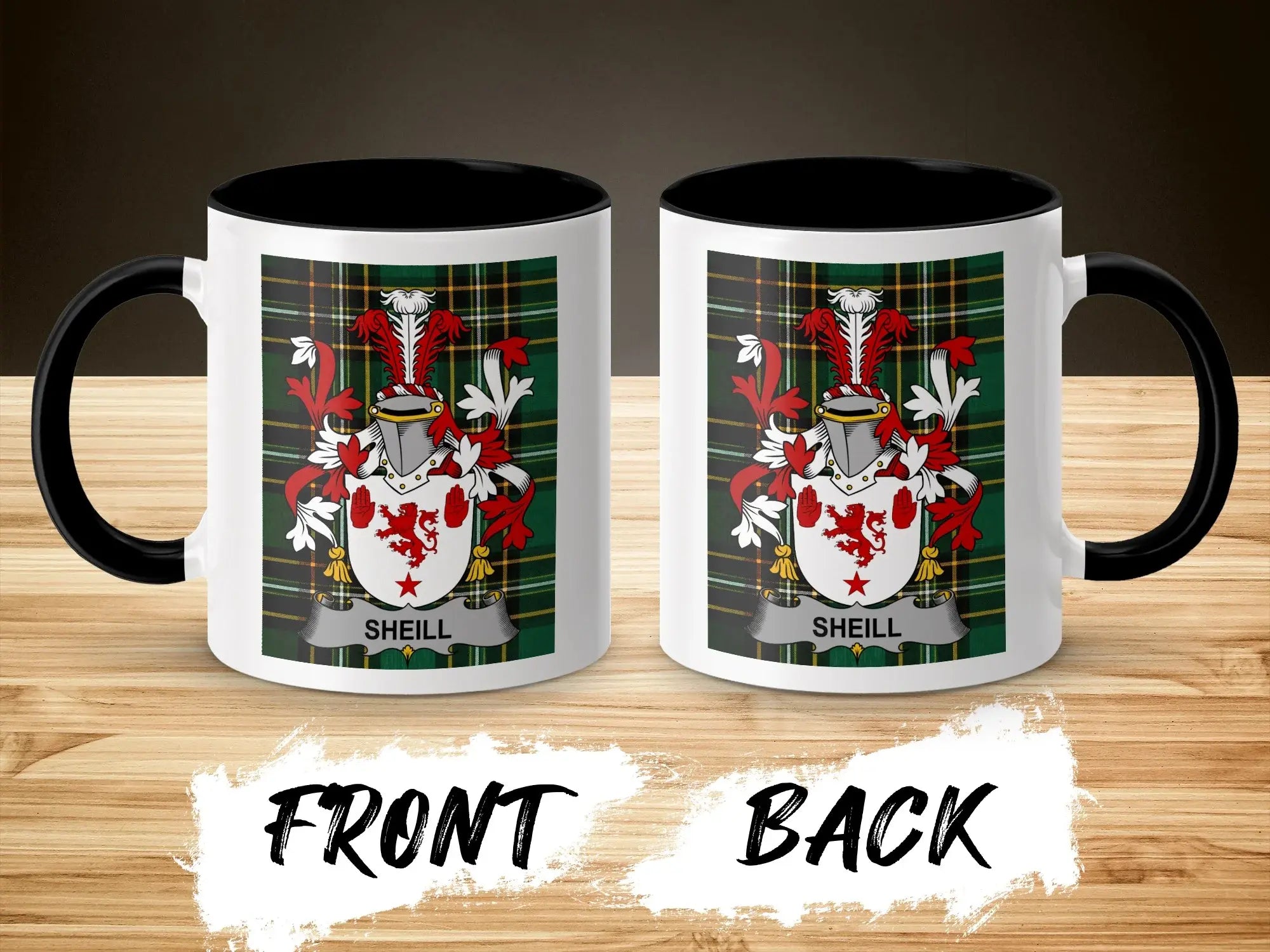 Sheill ceramic accent mug with black handle and surname crest on tartan