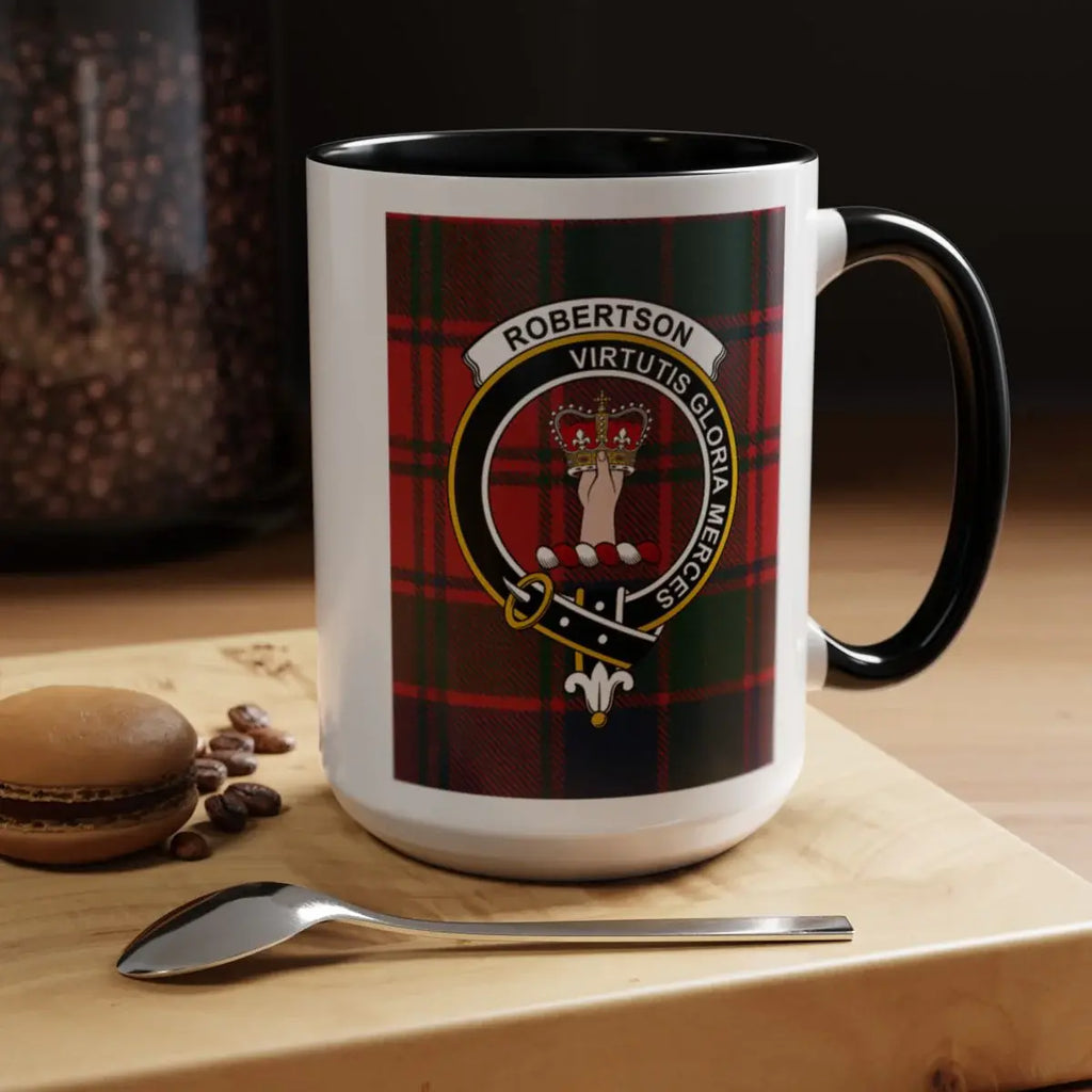 Robertson virtutis gloria merces crest mug — navy handle, tartan pattern on ceramic