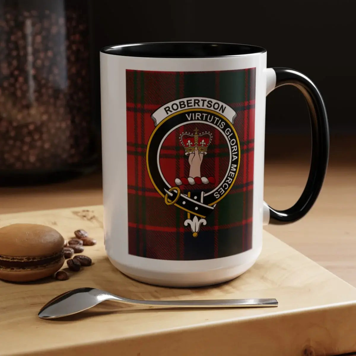 Robertson virtutis gloria merces crest mug — navy handle, tartan pattern on ceramic