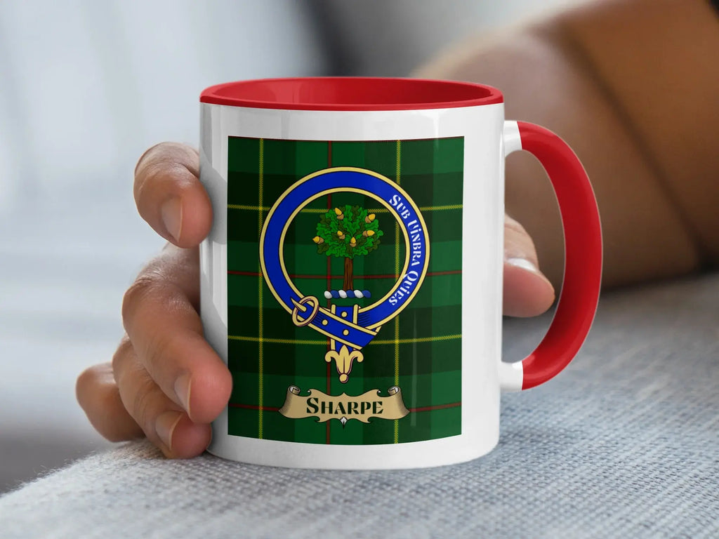 Clan Sharpe Crest with Tartan Background Mug