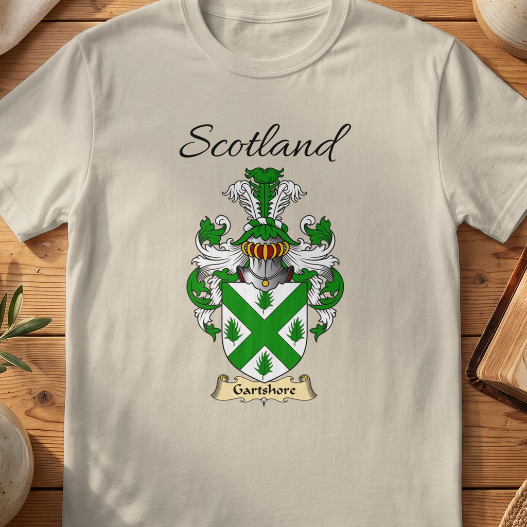 Sand Garthshore Scottish family shield T-shirt featuring a green diagonal cross on a white shield