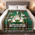 Green plaid blanket with GERAGHTY family crest centered on bed.