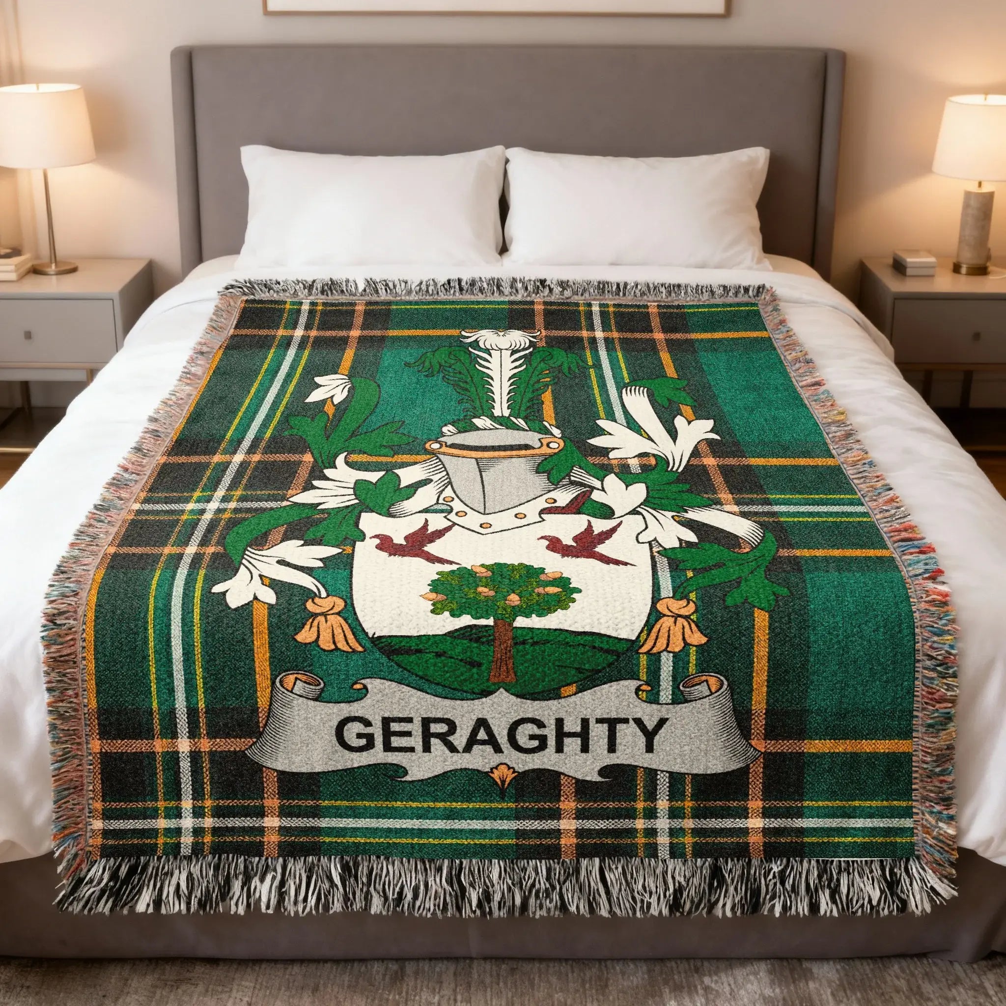 Green plaid blanket with GERAGHTY family crest centered on bed.