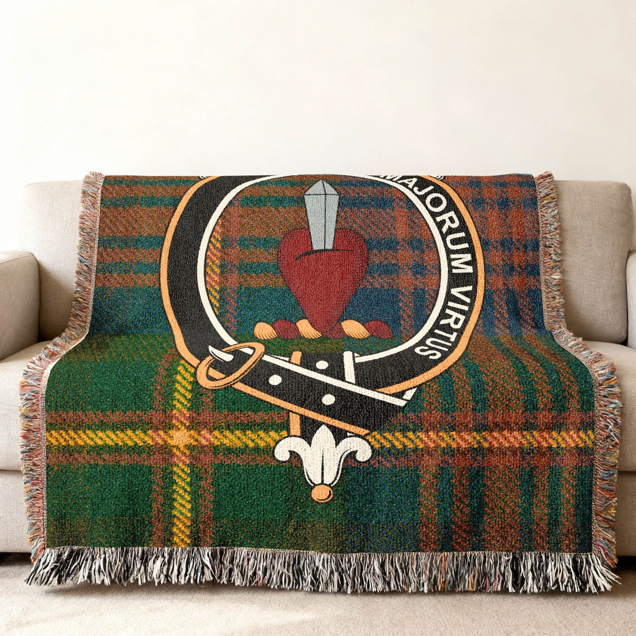 Logan clan crest tartan highland design blanket — woven fringe edges, 100% cotton