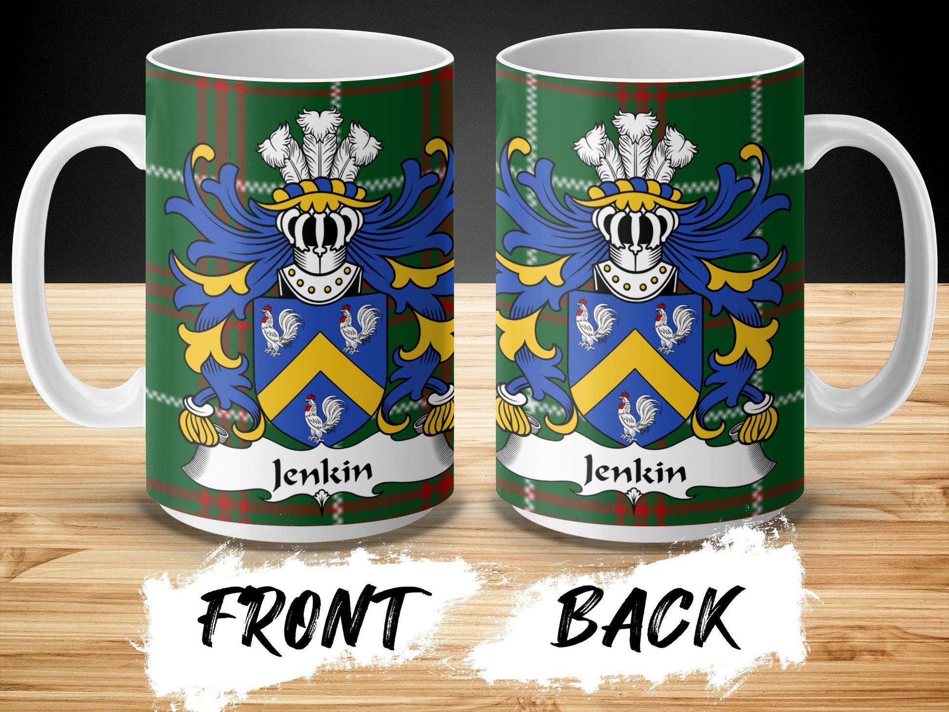 Jenkin Welsh Surname Coat of Arms on Tartan Background Mug - Living Stone Gifts