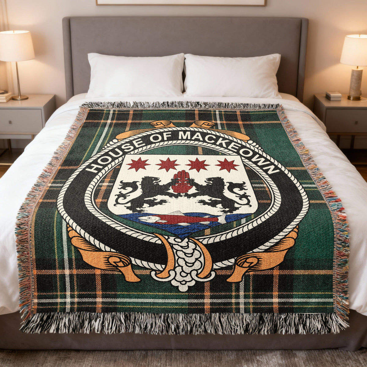 McKeown Irish National Tartan woven blanket with family crest emblem
