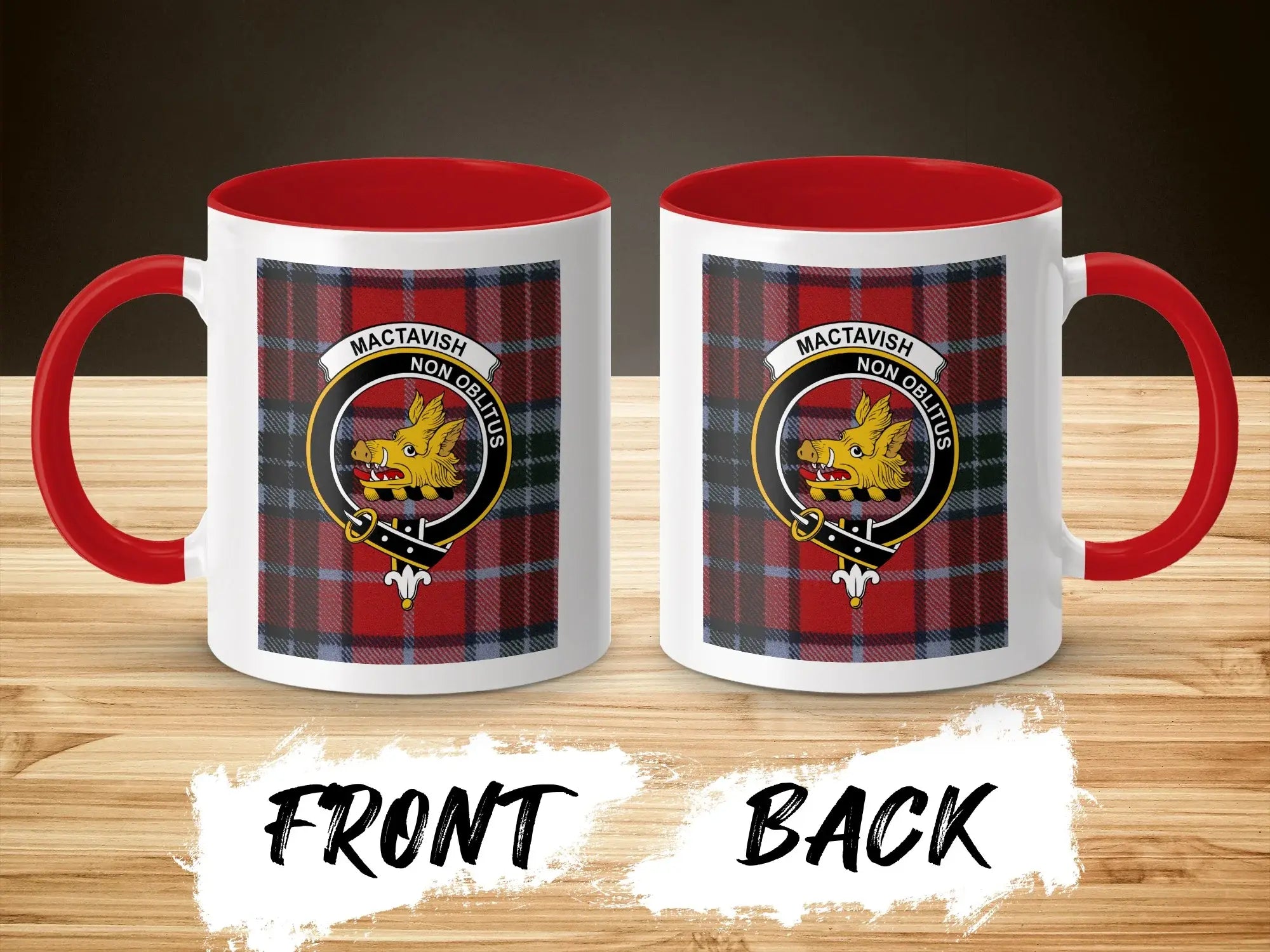 MacTavish clan tartan mug with red handle — 11oz ceramic showing boar crest and plaid detail