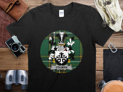 Colman Family Crest Irish Tartan Background T-Shirt - Living Stone Gifts