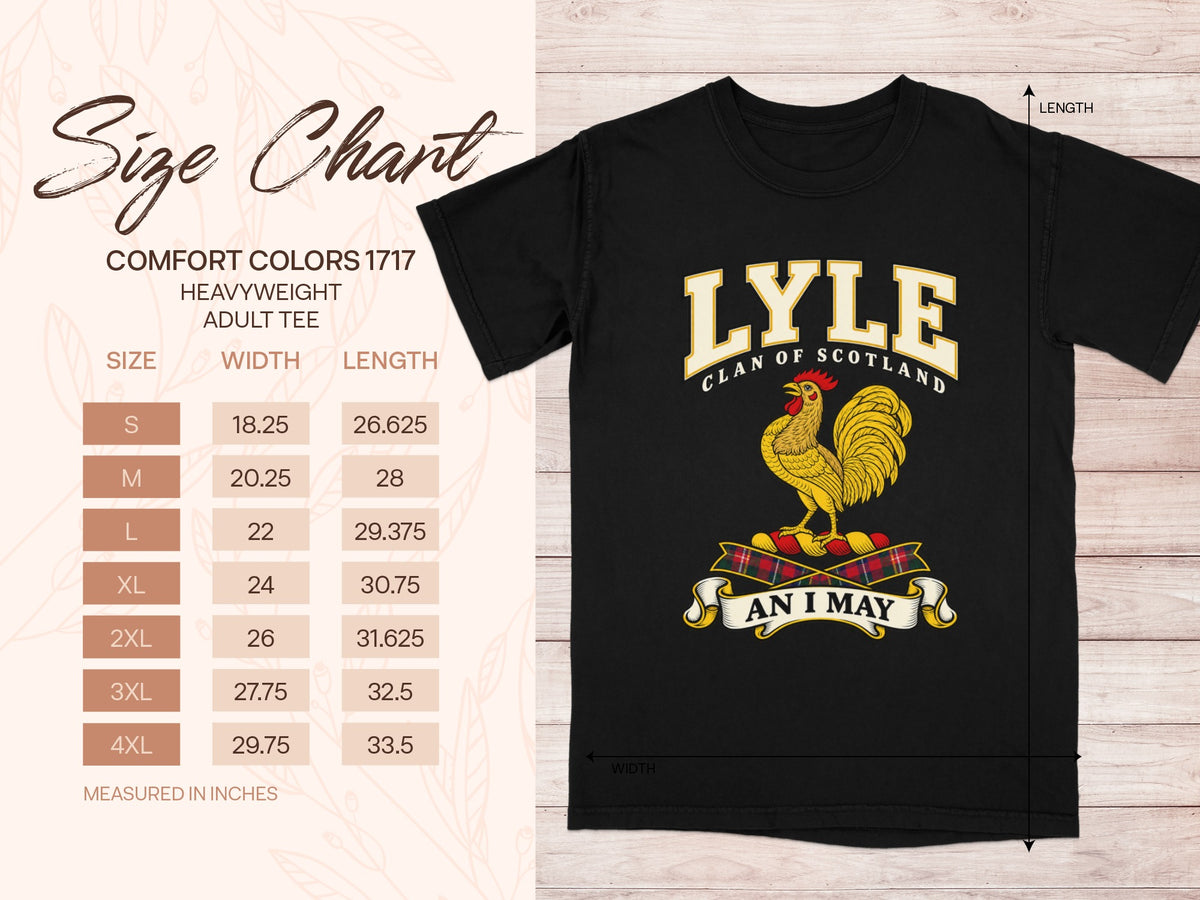 Comfort Colors 1717 size chart in inches with a black Lyle clan crest T-shirt preview