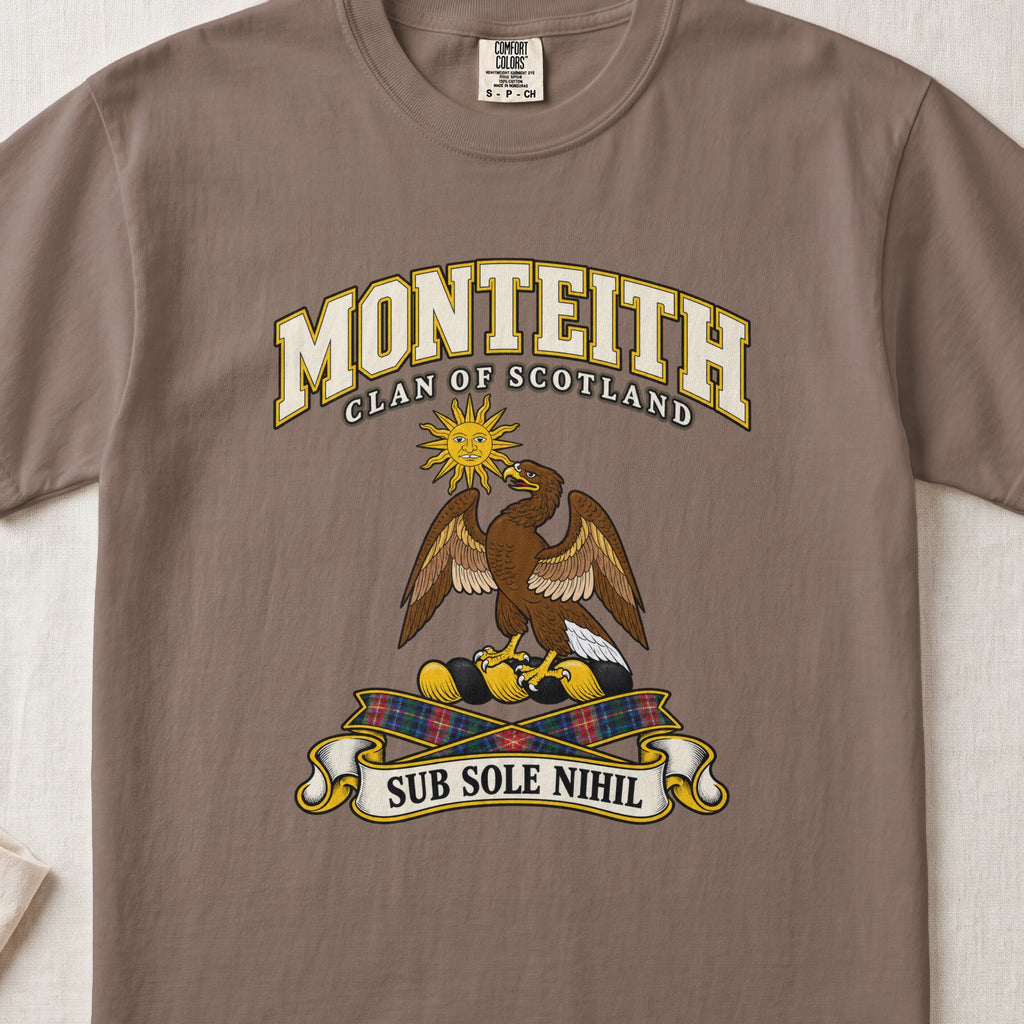 Monteith Scottish clan T-shirt in Espresso, front view with an eagle beneath a golden sun and motto design.