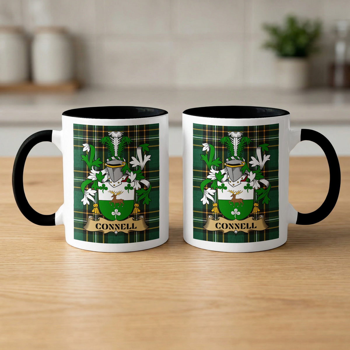 Pair of Connell Irish National Tartan family crest mugs