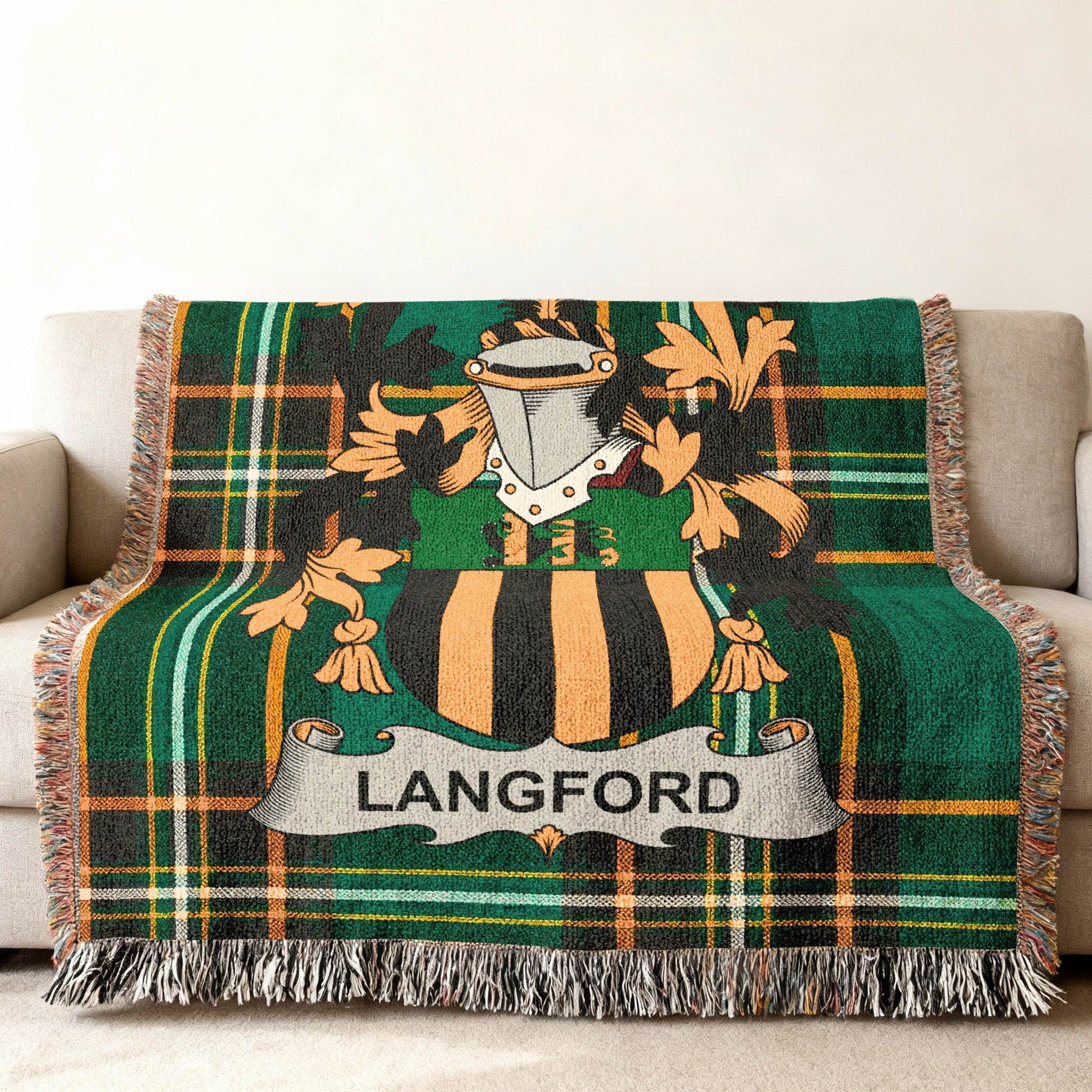 Green plaid throw blanket with the Langford family crest and name.
