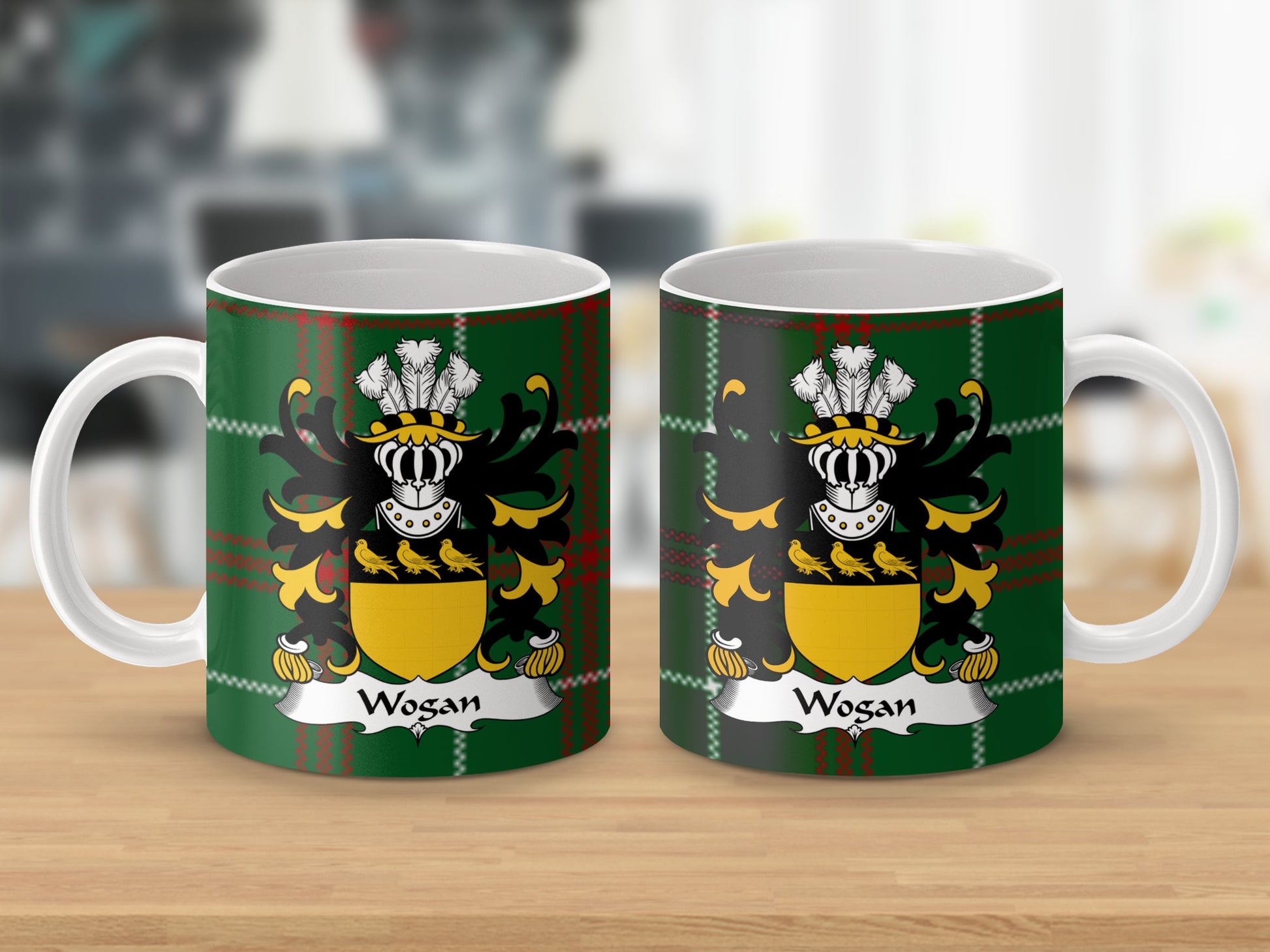 Wogan Welsh Surname Coat of Arms Tartan Background Mug - Living Stone Gifts