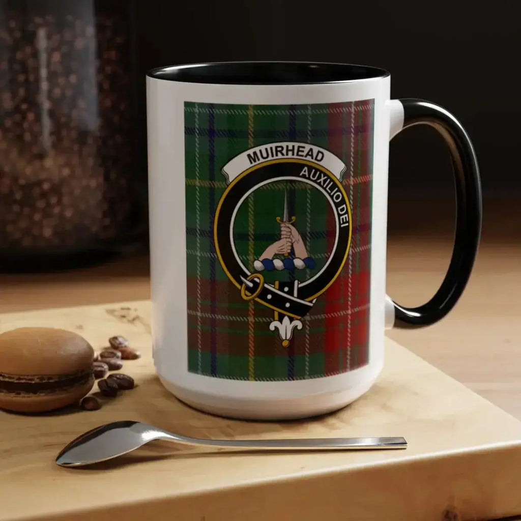 Muirhead clan crest mug in navy — 15oz ceramic showing Auxilio Dei motto and tartan design