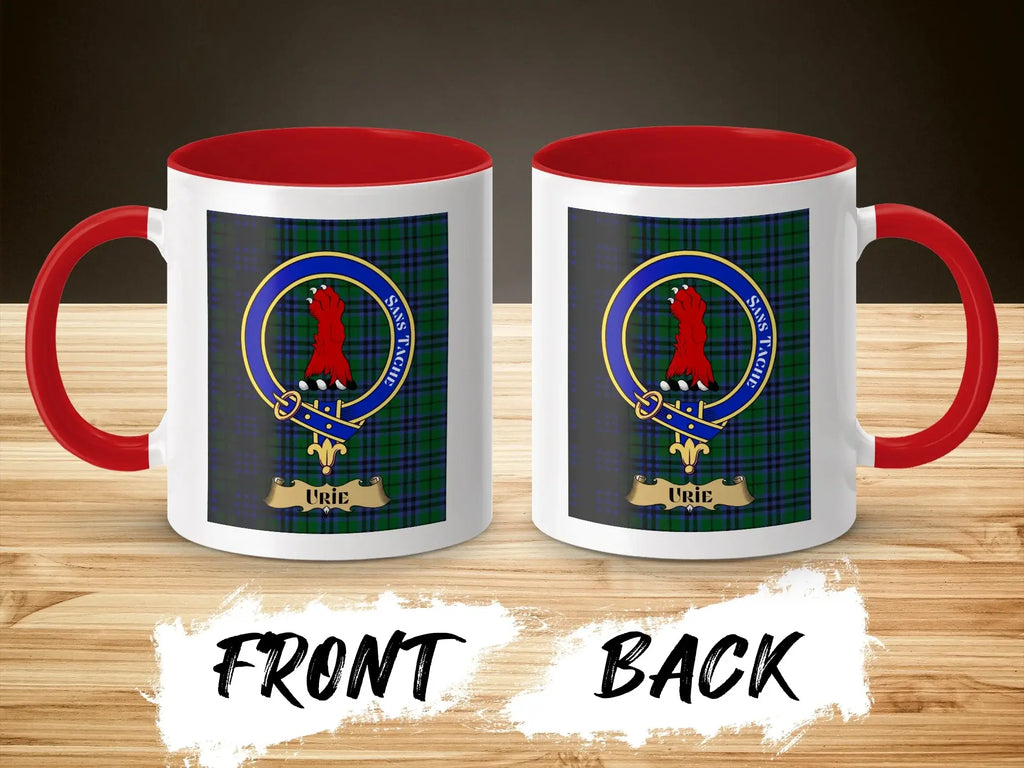 Urie tartan-background crest mug shown as a Scottish heritage gift