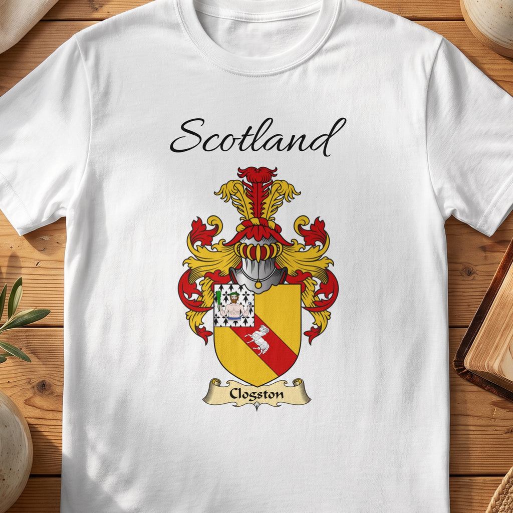 White Clogston Scottish family shield T-shirt featuring a red diagonal band on gold with a patterned corner