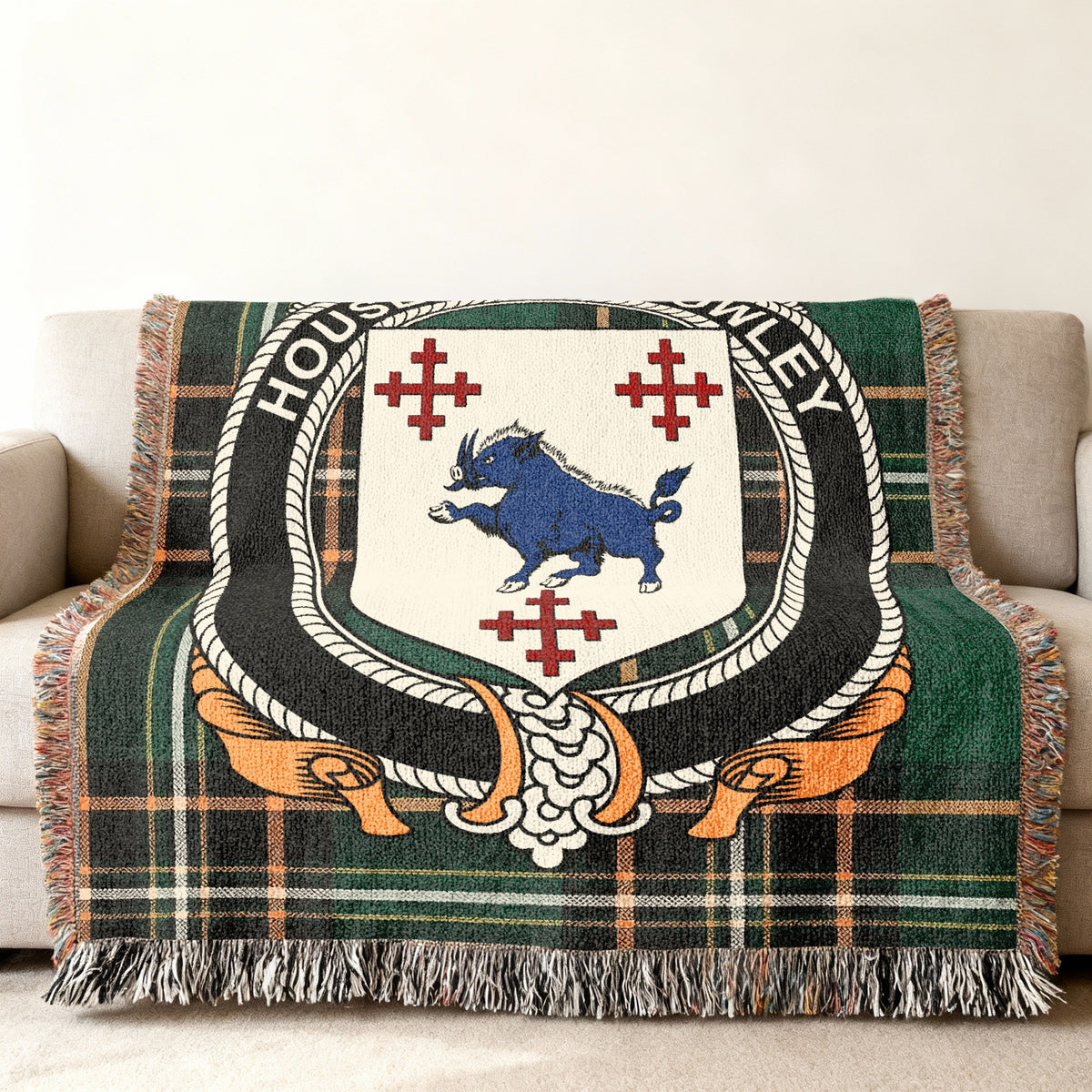 House of O'Crowley woven blanket displayed on a sofa