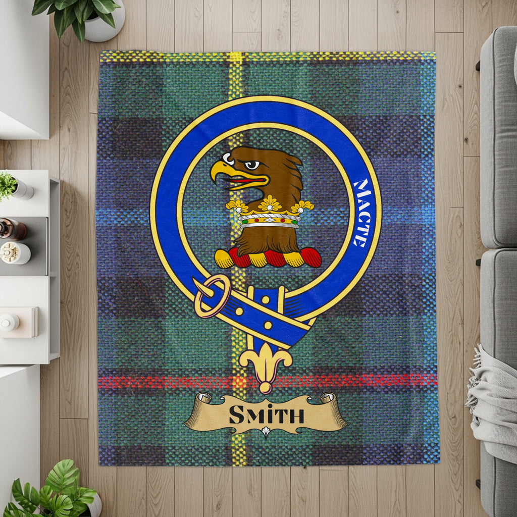 Smith crest and name on tartan printed throw — flat lay detail