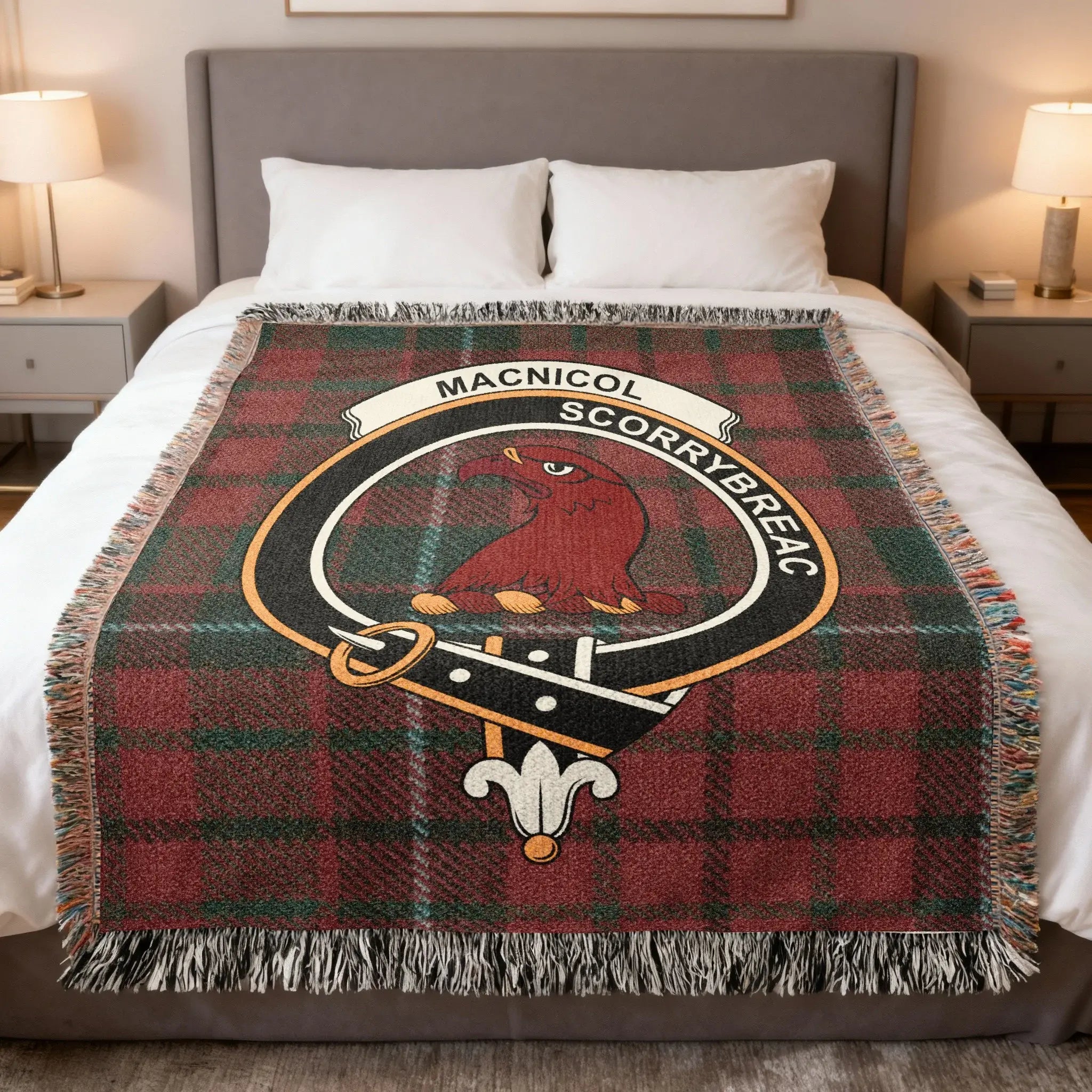 Clan MacNicol tartan woven blanket — cotton throw with clan crest and Scorrybreac tartan detail