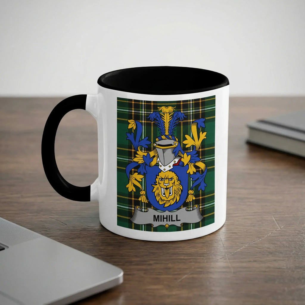 Mihill Irish heritage mug with black handle and family crest