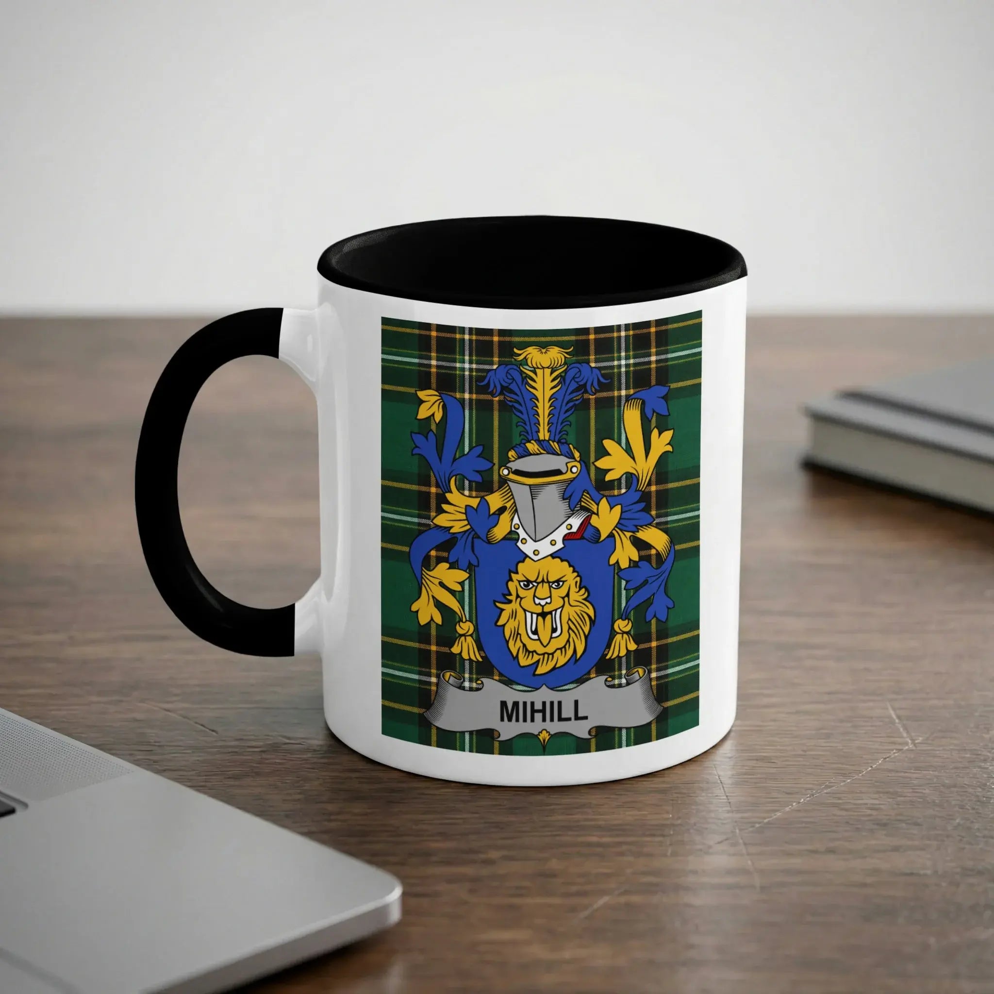 Mihill Irish heritage mug with black handle and family crest