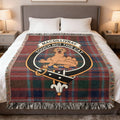 MacGillivray clan crest tartan woven cotton blanket — Touch Not the Cat with fringe edge