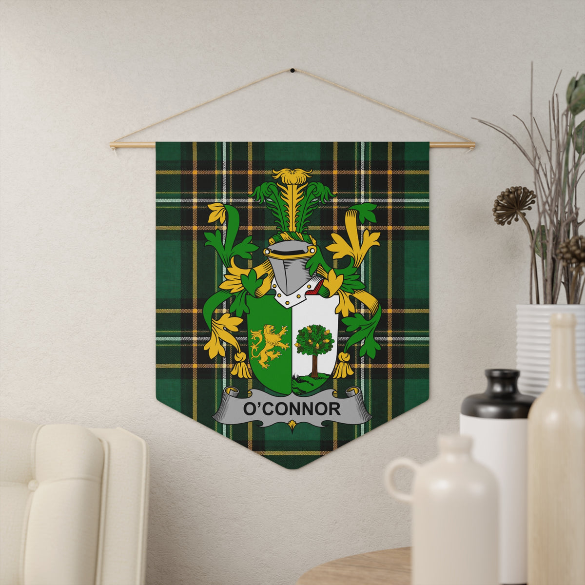 O'Connor family crest on a green plaid pennant banner hanging on a wall.