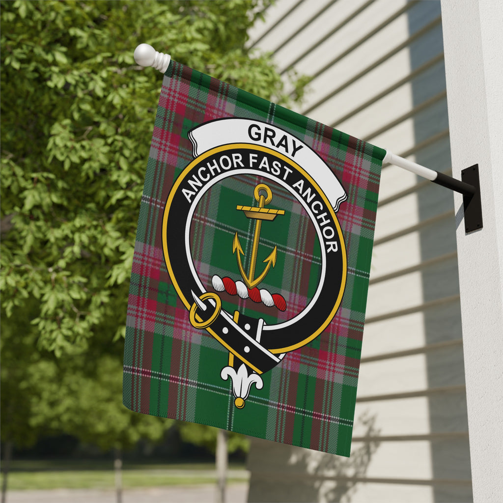 Gray clan crest tartan garden flag with anchor and Anchor Fast Anchor motto