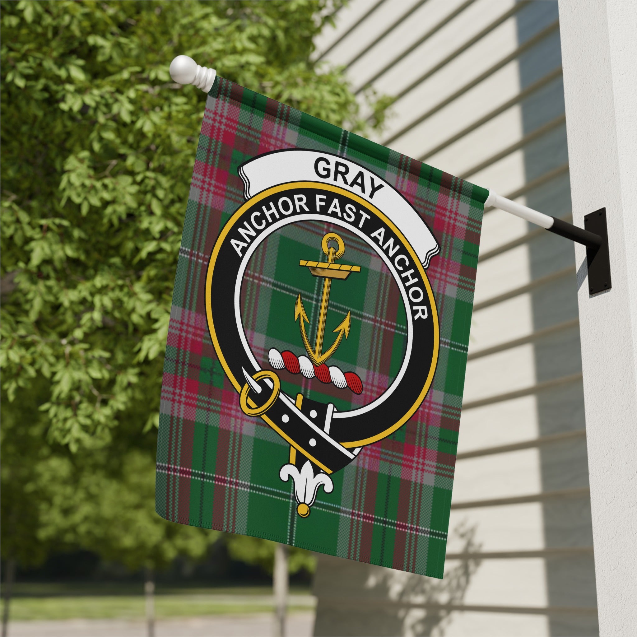Gray clan crest tartan garden flag with anchor and Anchor Fast Anchor motto