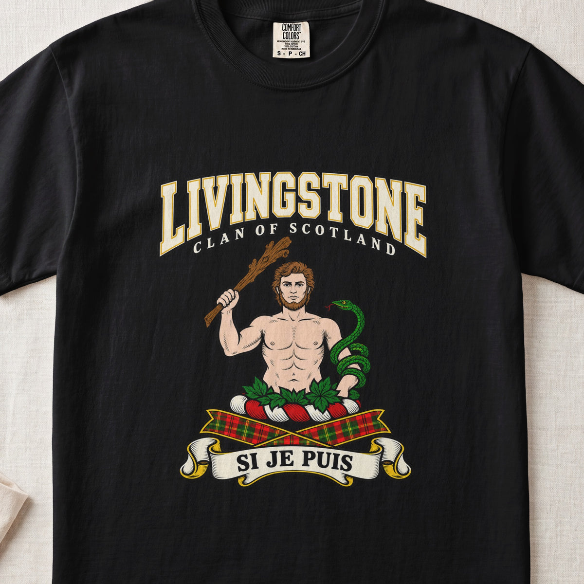 Livingstone graphic T-shirt in Black, front flat lay showing varsity lettering and bare-chested man holding a wooden club with a green snake coiled around the other arm.