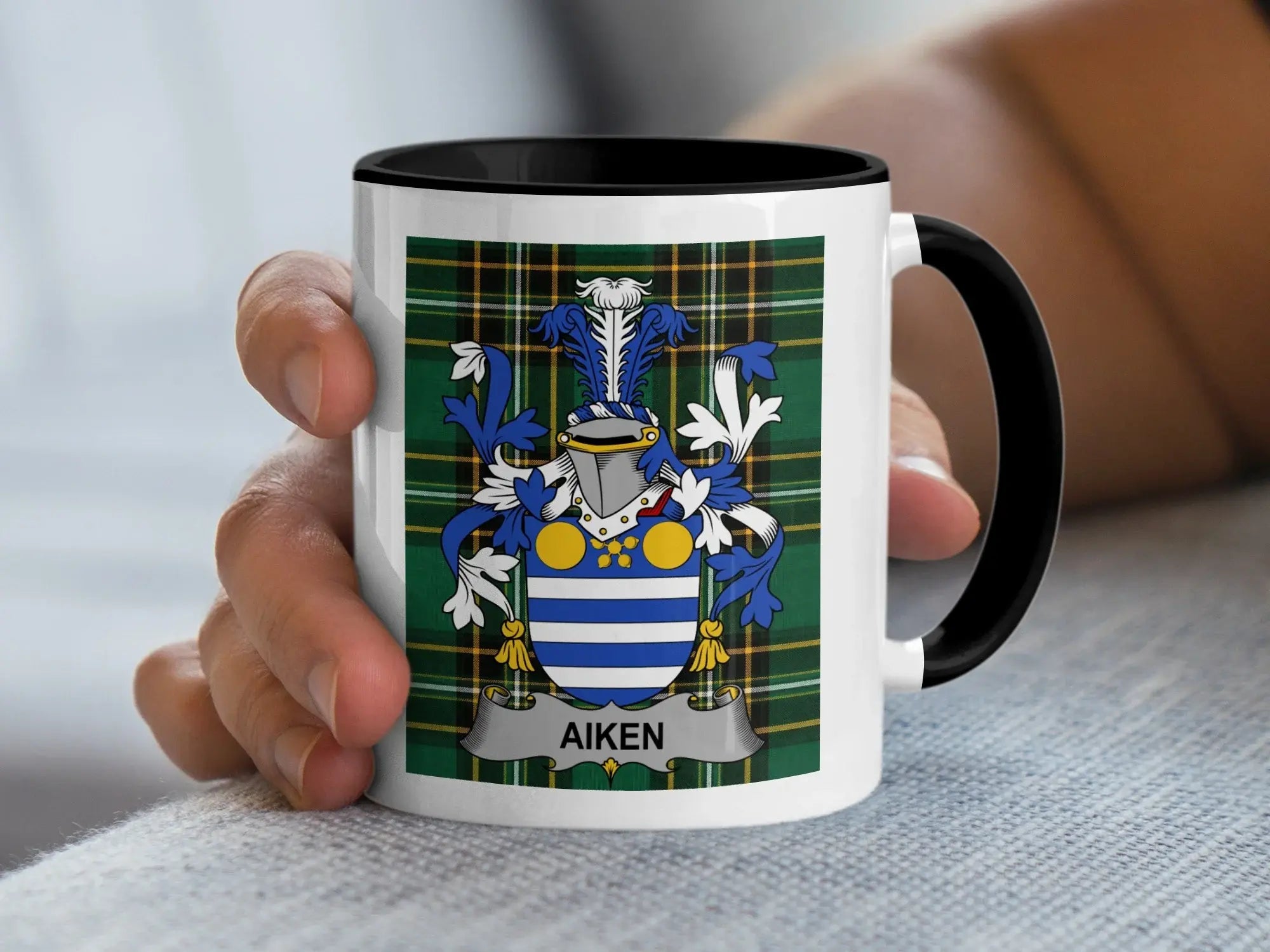 Aiken Irish National Tartan accent mug with black handle and interior