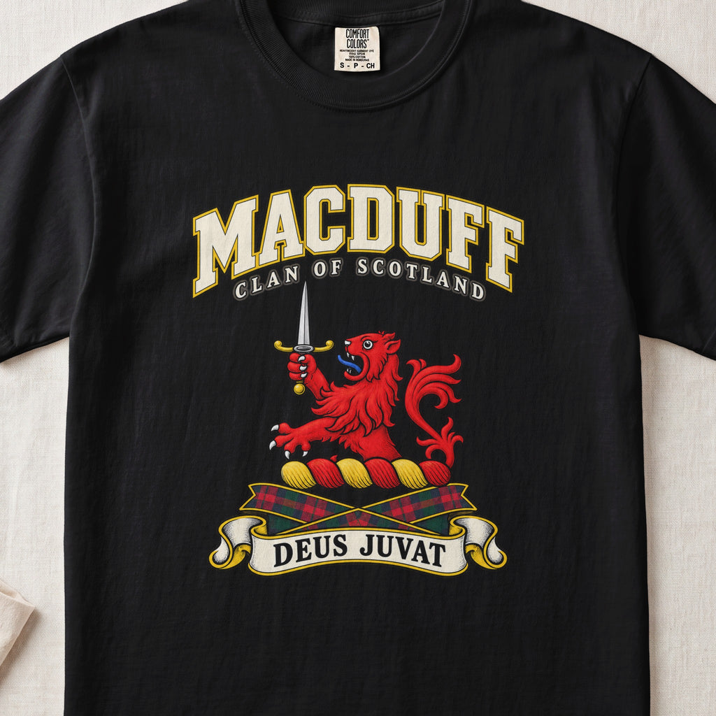 MacDuff Scottish clan T-shirt in Black, front view with a red lion holding an upright dagger and motto design.