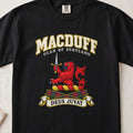 MacDuff Scottish clan T-shirt in Black, front view with a red lion holding an upright dagger and motto design.