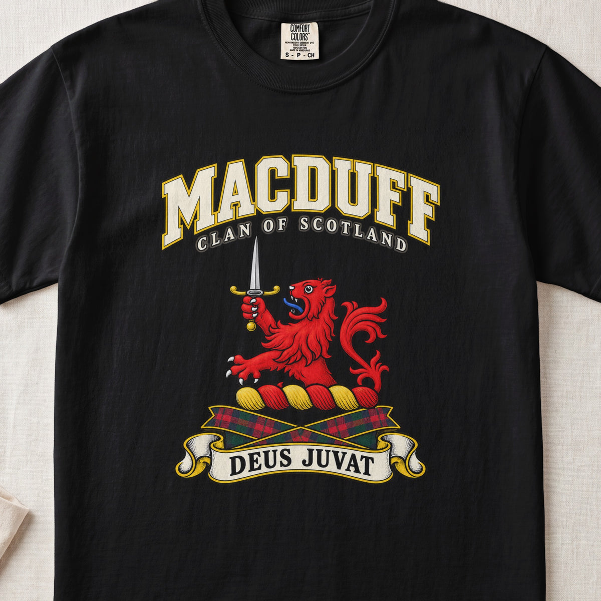 MacDuff Scottish clan T-shirt in Black, front view with a red lion holding an upright dagger and motto design.