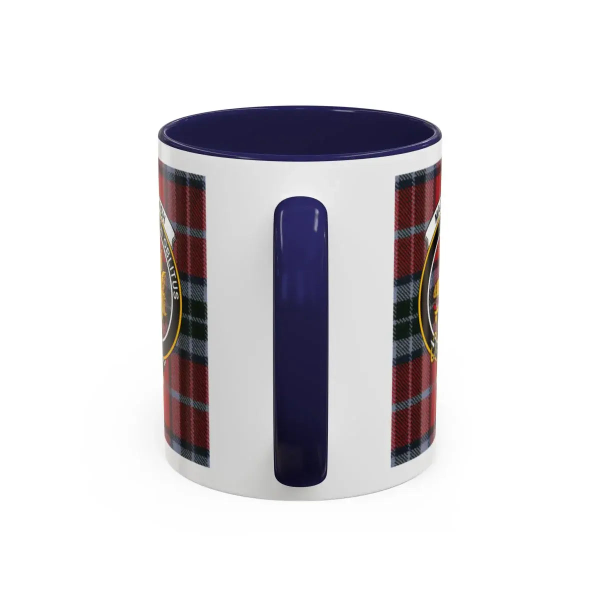 Clan MacTavish Scottish tartan mug — 15oz navy accent handle with Non Oblitus boar and plaid wrap