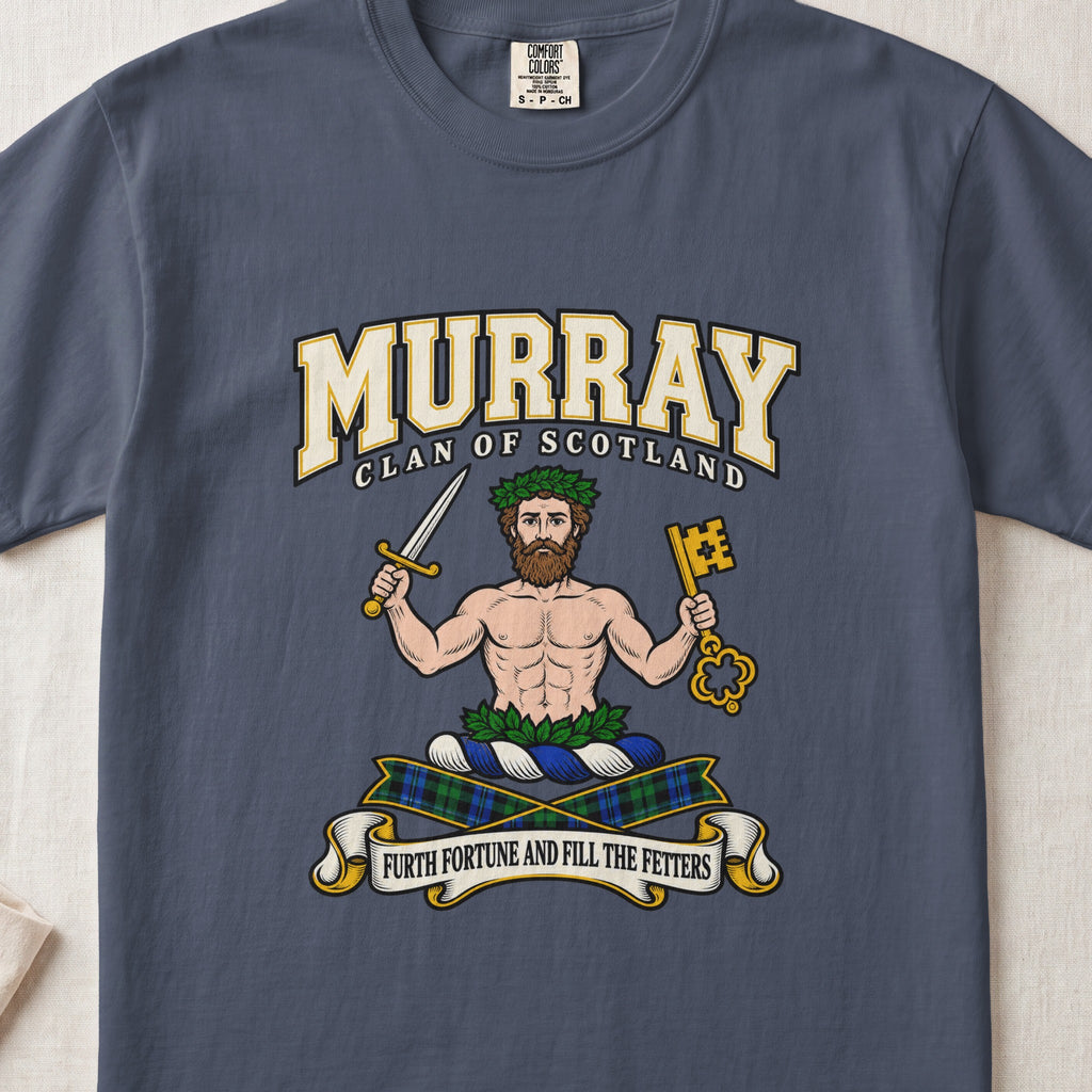 Murray of Athole graphic T-shirt in Midnight blue, front flat lay showing varsity lettering and bearded bare-chested man wearing green leaves and holding a sword and large gold key.