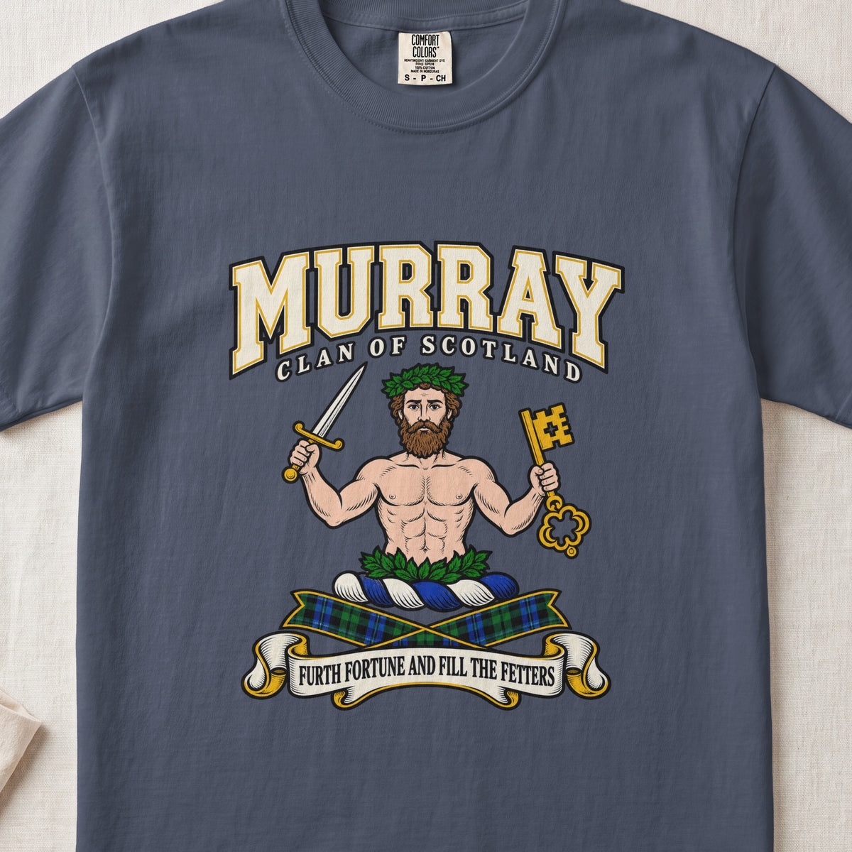 Murray of Athole graphic T-shirt in Midnight blue, front flat lay showing varsity lettering and bearded bare-chested man wearing green leaves and holding a sword and large gold key.