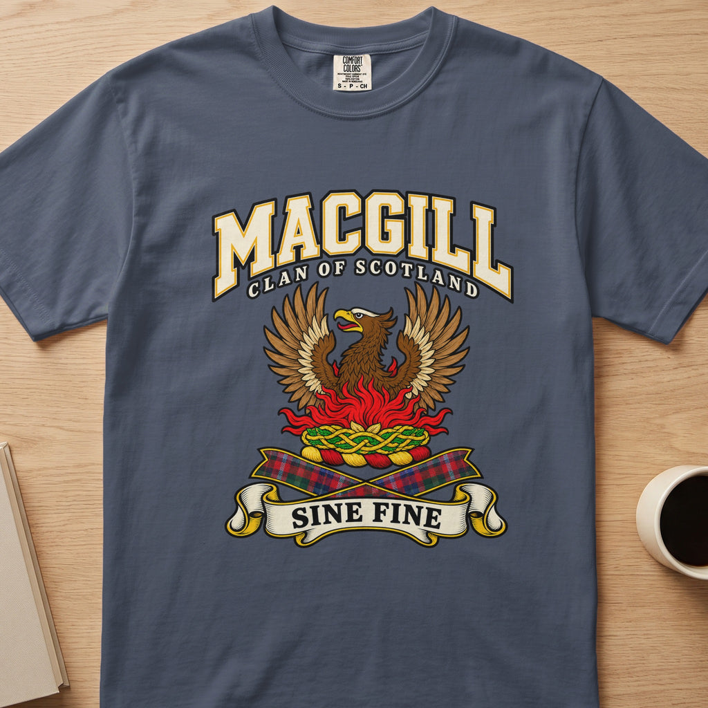 MacGill clan T-shirt in slate blue, front view with brown bird with raised wings above red flames