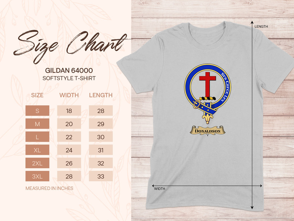 Gildan 64000 size chart for Donaldson Scottish clan crest T-shirt