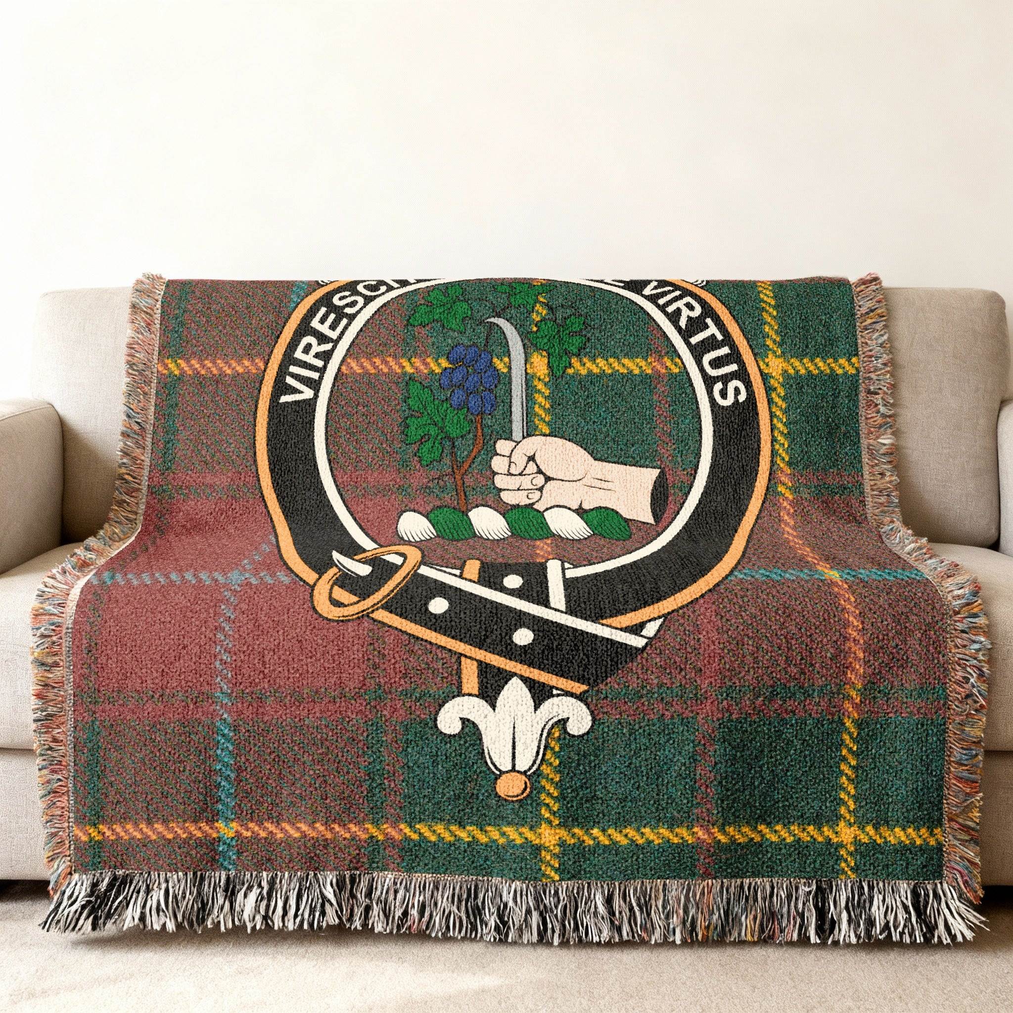 Burnett clan crest tartan woven blanket — fringe edge detail, three sizes
