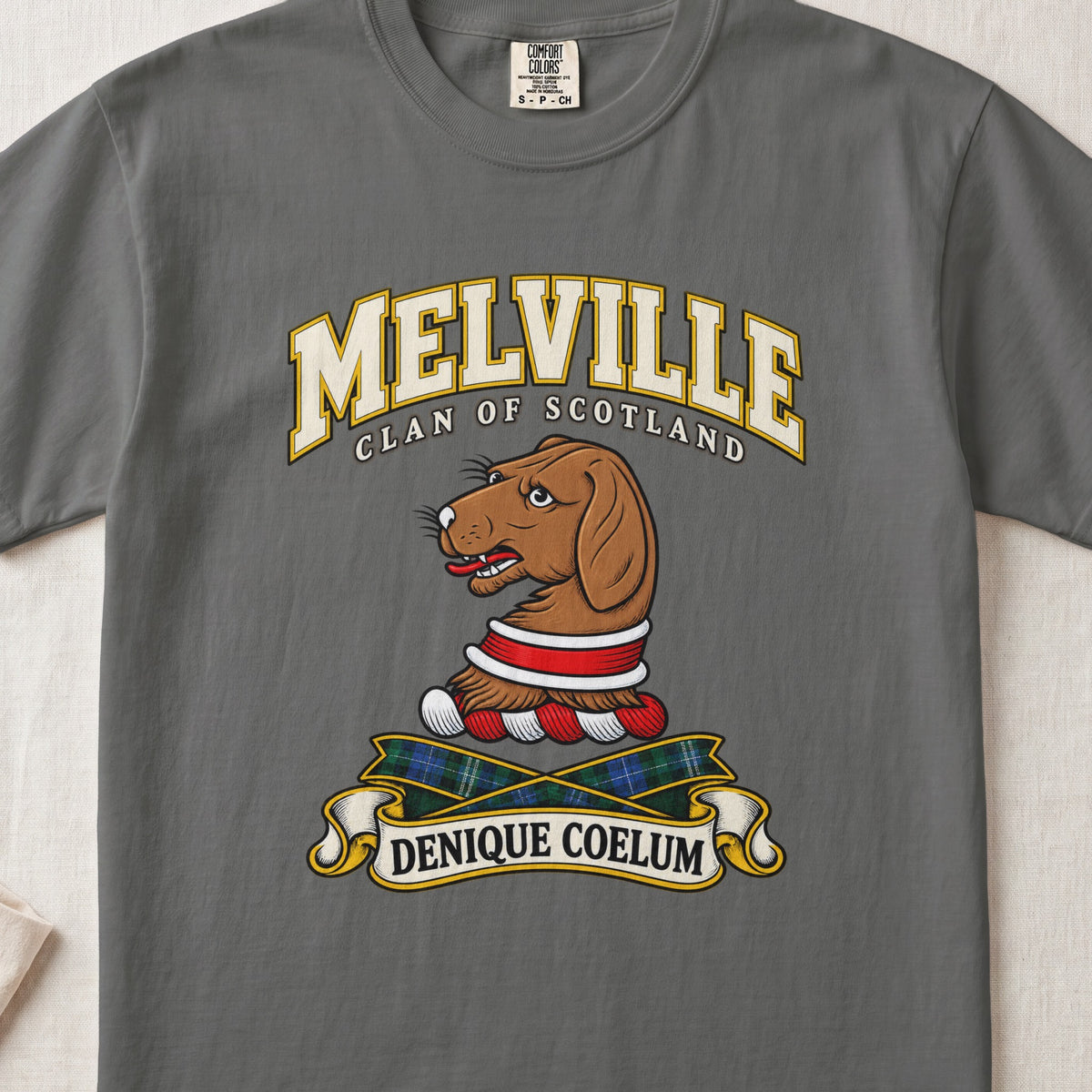 Melville Scottish clan T-shirt in Pepper, front view with a brown hound head with a red and white collar and motto banner.