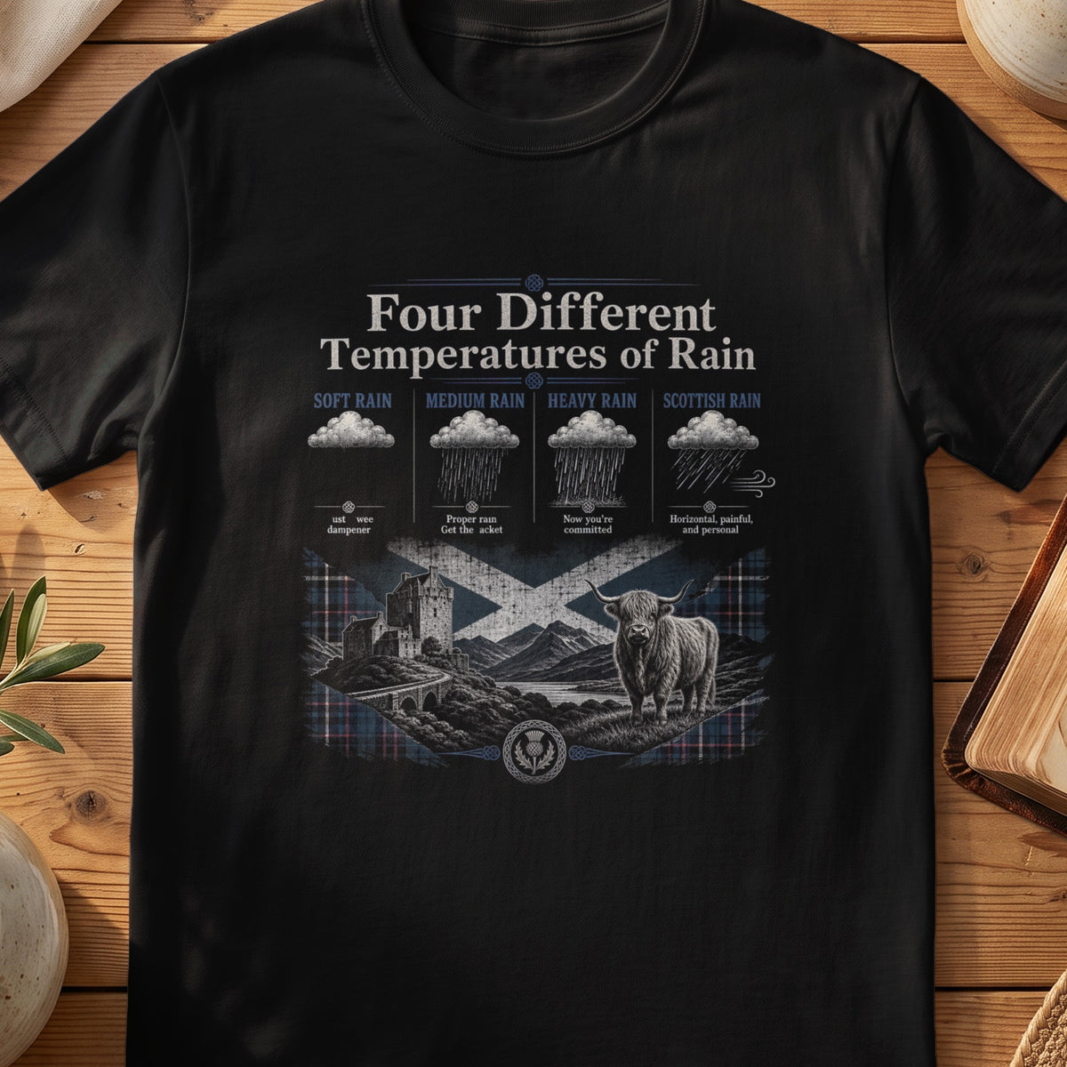 Black Gildan 64000 unisex T-shirt flatlay with Four Different Temperatures of Rain Scottish graphic design