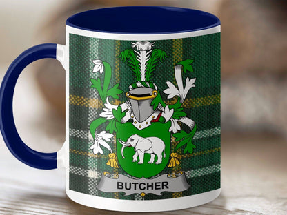 Butcher Surname Family Crest Irish Tartan Mug - Celtic Ancestry Gifts