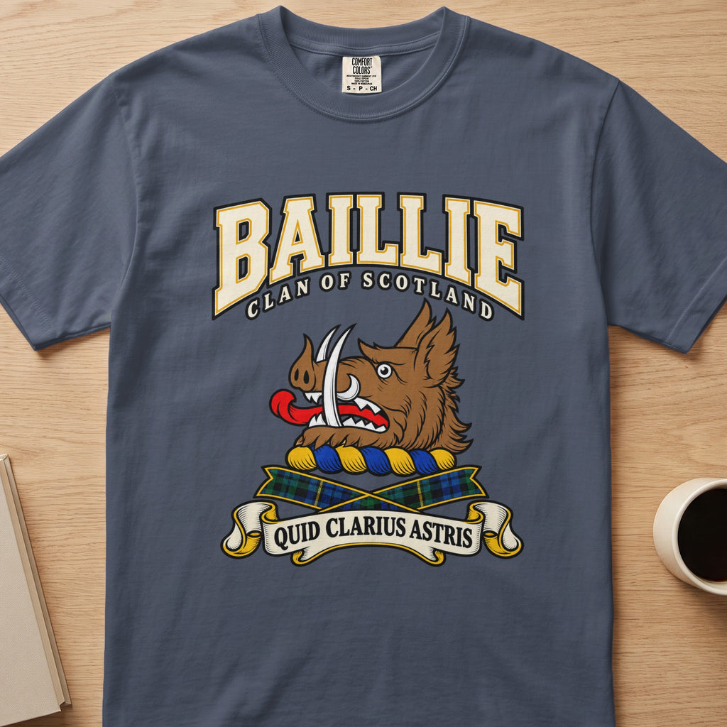 Baillie brown boar’s head with white tusks graphic on a slate blue Comfort Colors T-shirt, front view