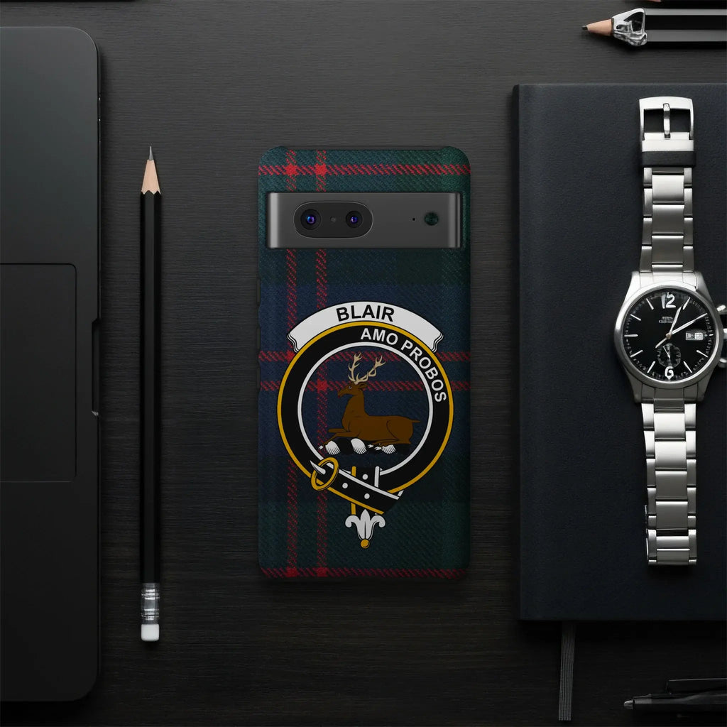 Blair Amo Probos plaid tartan phone case closeup — clan crest and motto, glossy UV-resistant finish
