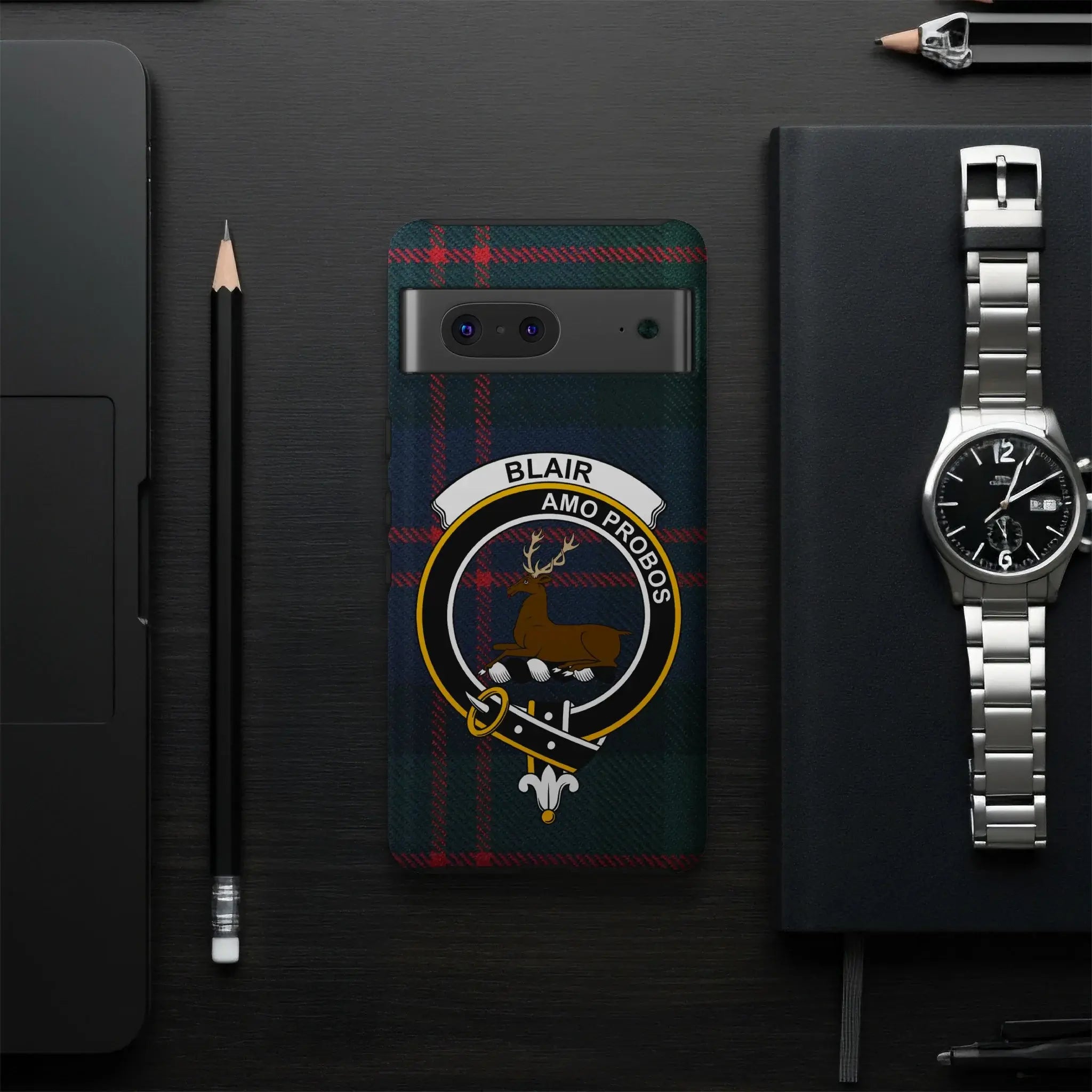 Blair Amo Probos plaid tartan phone case closeup — clan crest and motto, glossy UV-resistant finish