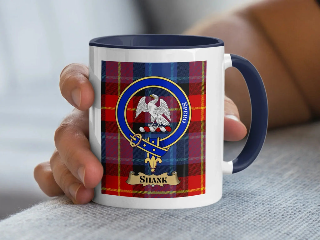 Shank family crest coffee mug with a tartan-background design