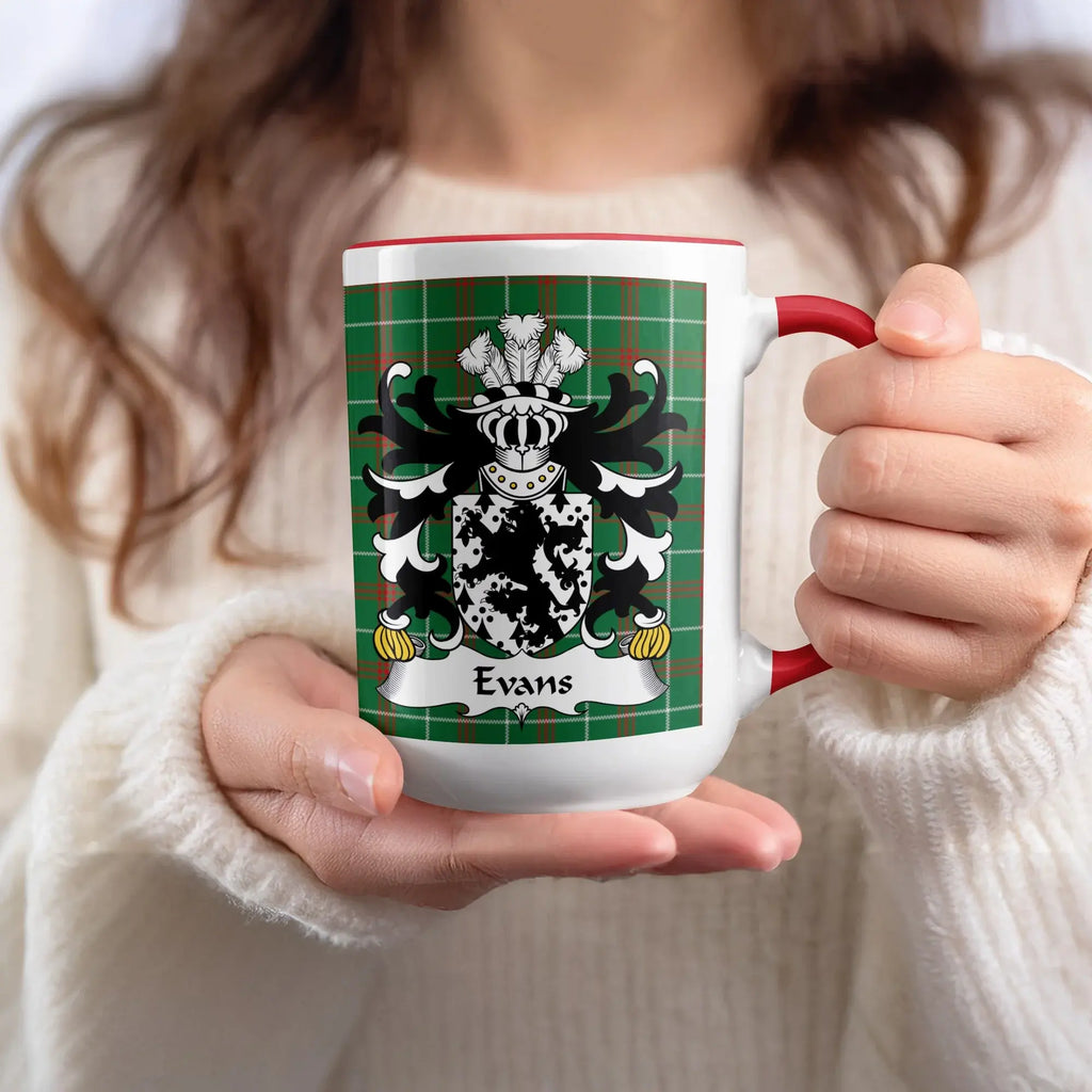 Evans Welsh family name mug with red accent and coat of arms on green tartan