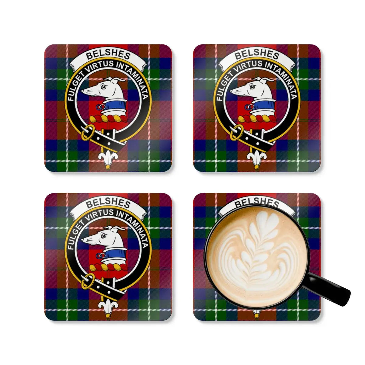 Belshes Clan Crest Tartan Design Coaster Set product