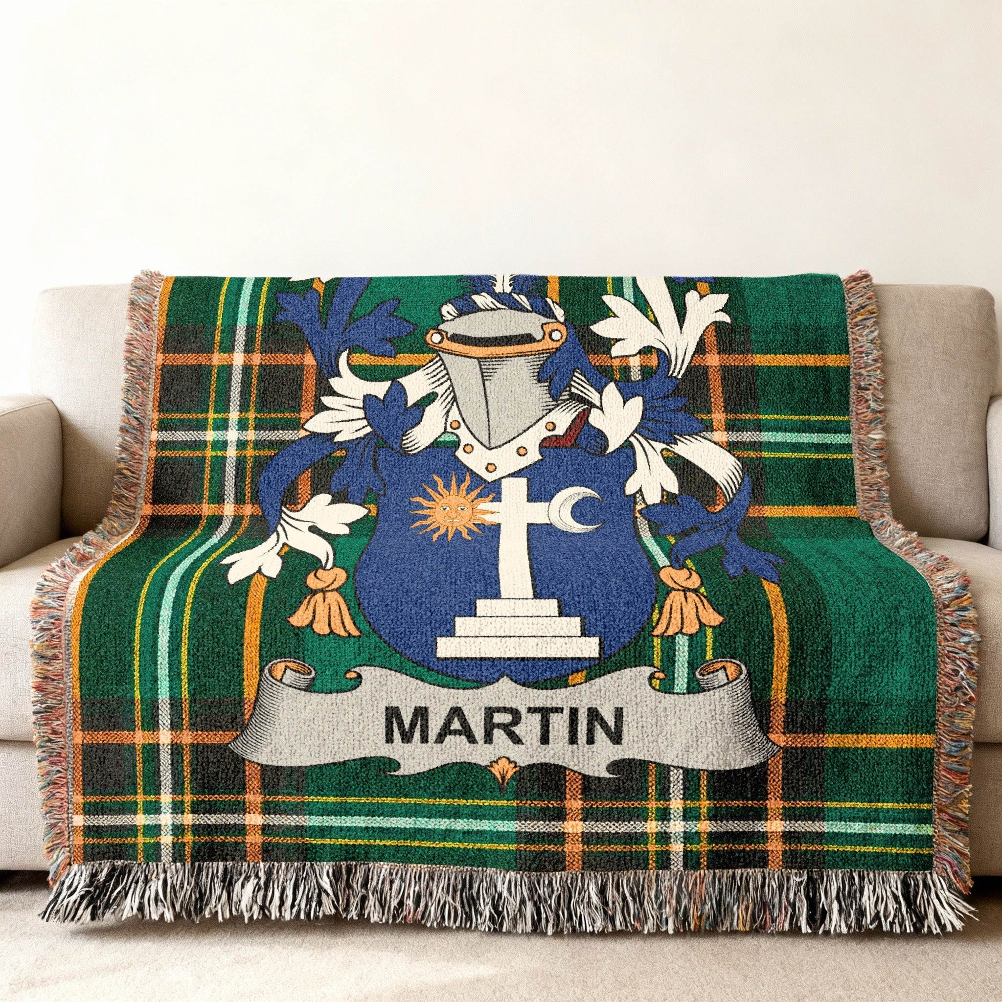 Green plaid throw blanket featuring the Martin family crest.